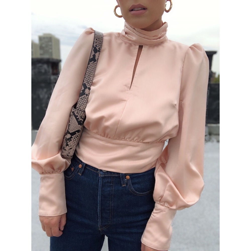 Kelis Satin High Neck Puff Sleeve Blouse - Peach - Picture 8 of 8